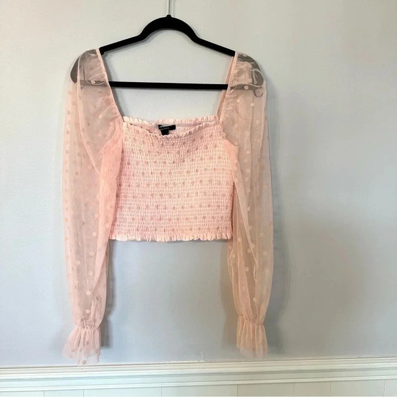 Forever 21 Long Puff Polka Dot Mesh Sleeve Pink Knit Crop Top Size M GUC - Picture 2 of 8